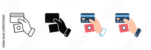 Hand holding credit card and ticket icon set payment and shopping concept vector illustration isolated on white background