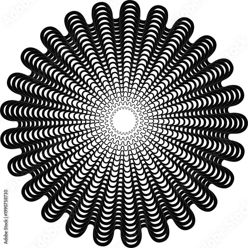 Minimalist Concentric Wavy Line Radial Ornament. Modern Monochromatic Psychoactive Sunburst Background