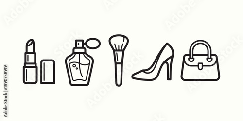 Black line icons of beauty and fashion items on cream background