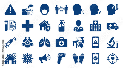 Collection of medical icons representing health safety and pandemic prevention measures including vaccination hygiene and social distancing