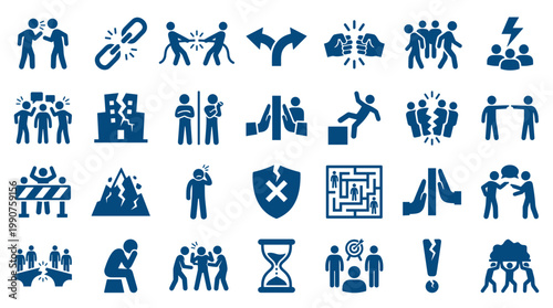 Collection of blue icons symbolizing conflict resolution, business challenges, teamwork, and communication problems in a modern graphic design style