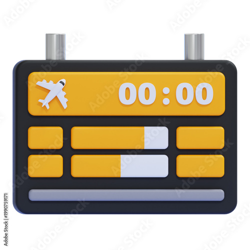 3D rendered graphic of an airport departure board showing flight information and progress bars, perfect for travel and logistics themes