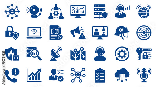 Collection of blue technology and business icons representing data security network management communication and analytics