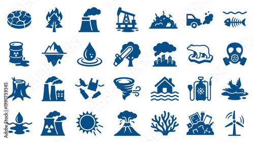 Collection of environmental pollution and ecological disaster icons representing global warming climate change and industrial impact on nature
