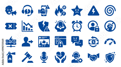 Collection of Blue Icons Representing Business Problems and Solutions like Support, Security, Finance, and Communication