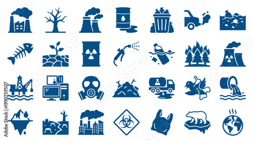 Environmental pollution and ecological disaster icons representing industrial waste climate change and nature destruction with clear blue symbols on white background