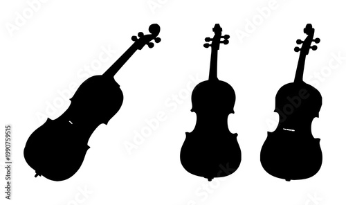 Violin set with bold black silhouette on white background featuring musical instrument, classical art, line illustration with music and design