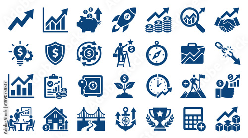 Business growth and success icons representing financial progress, investment, strategy, and achievement in a modern corporate context