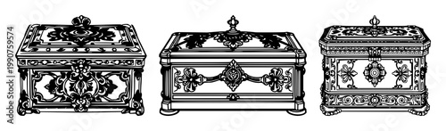 Ornate brass box set with black line art on white background featuring brass, ornamental design, fine detailing with single line illustration and minimalist style