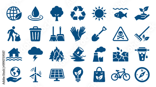 Collection of eco friendly icons representing environmental protection sustainability recycling and green energy solutions for a healthy planet