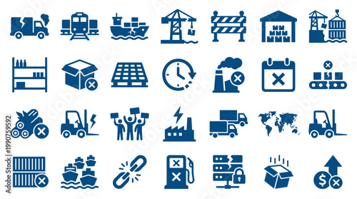 Photos Logistics and Supply Chain Icons Set representing global shipping, transportation, warehousing, and industrial operations with a focus on efficiency and potential disruptions