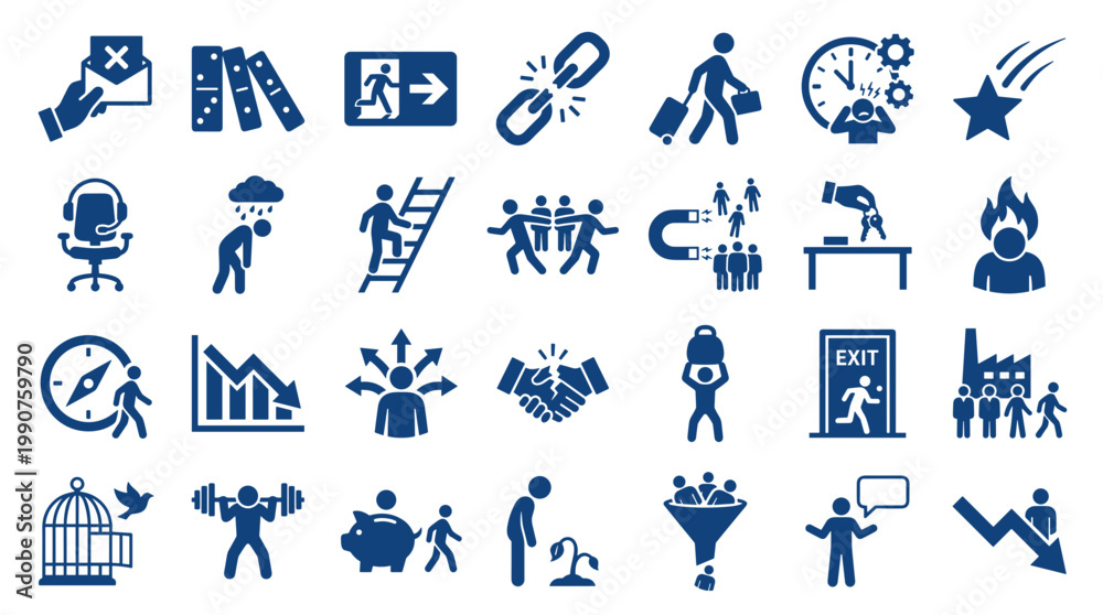 Fototapeta premium Collection of blue business and finance icons representing success failure teamwork and strategy on white background