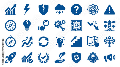 Collection of blue business strategy icons representing growth success problem solving innovation and teamwork concepts on white background