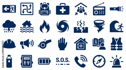 Fotografía Emergency preparedness icons for disaster safety and survival kit planning inclu