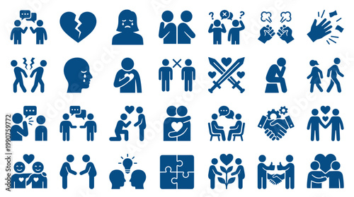 Collection of Icons Representing Relationships Emotions and Social Interactions Diverse Symbols for Love Conflict Support and Partnership