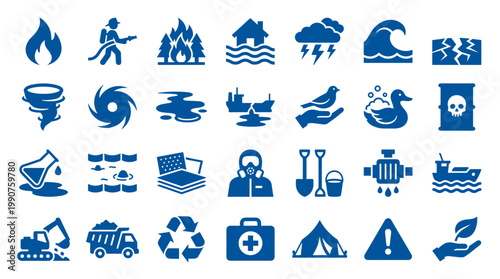 Collection of blue disaster and emergency icons representing natural and man-made catastrophes and safety measures