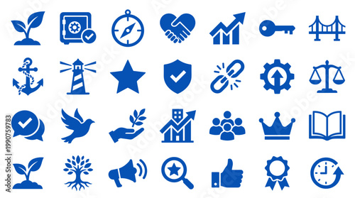 Collection of blue business and finance icons representing growth success teamwork security and achievement on a white background