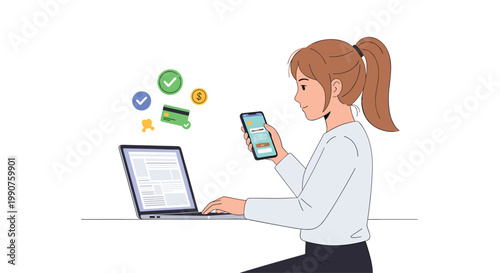 A young woman with a brown ponytail uses her smartphone and laptop simultaneously to complete a secure online payment transaction featuring digital icons.