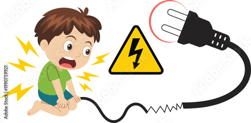 Electrical safety hazard illustration showing kid touching exposed cable and plug