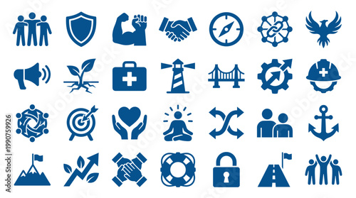 Collection of blue business and success concept icons representing teamwork, security, growth, leadership, and achievement on a white background