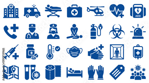 Collection of medical and healthcare icons representing emergency services, patient care, medical equipment, and health safety measures in a blue color scheme