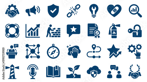 Collection of business and finance icons representing success growth strategy security and teamwork concepts on a white background