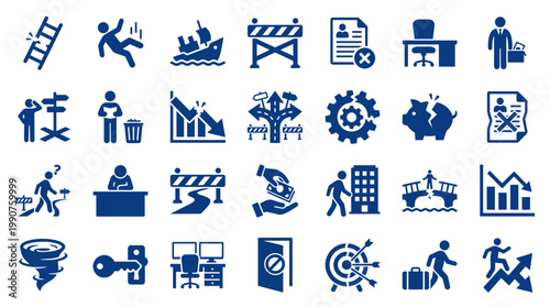 Collection of blue business and finance icons representing challenges risks and solutions in corporate life