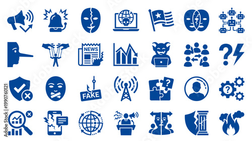 Collection of blue icons representing disinformation manipulation propaganda fake news and social media manipulation concepts
