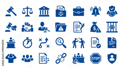 Collection of blue law and justice icons representing legal concepts like court, agreement, crime, and legal proceedings on white background