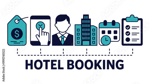 Hotel booking concept with icons of price tag, smartphone, businessman, hotel building, calendar and checklist isolated on white background