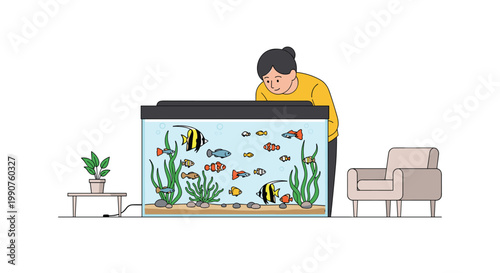 A curious woman wearing a bright yellow sweater leans forward to get a much closer look at the diverse tropical fish swimming inside a large glass aquarium.