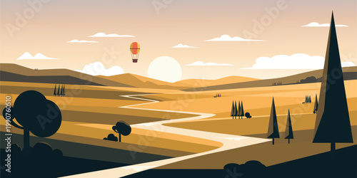 Serene landscape with hot air balloon and winding road