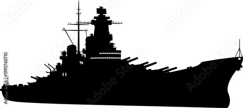 Massive battleship silhouette featuring heavy artillery turrets and naval radar masts