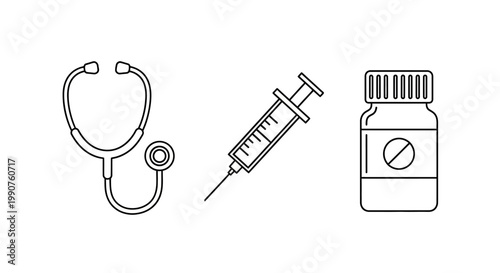 Medical Instruments Stethoscope Syringe And Medicine Bottle.