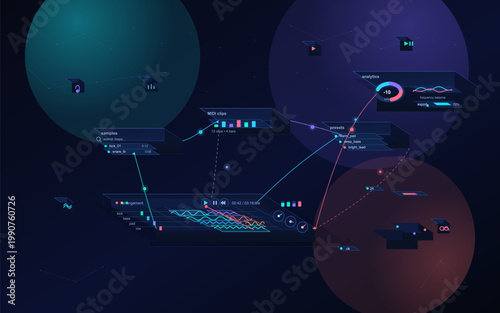 Futuristic music production dashboard with floating samples, MIDI clips, presets, analytics, and neon arrangement controls on dark background