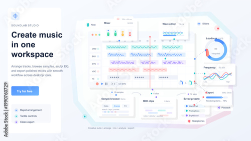 Music production dashboard interface with mixer, waveform editor, sample browser and audio controls in a clean pastel desktop workspace
