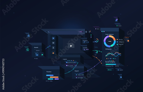 Futuristic dark video editing interface with floating panels, color balance tools, timeline controls, and media export widgets on navy background