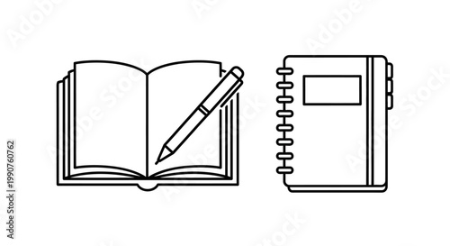 Open book and notebook with pencil on desk main subject.