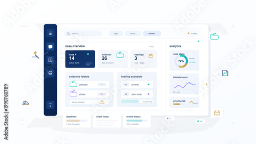 Light case management dashboard interface with evidence folders, hearing schedule, analytics cards, and workflow status widgets