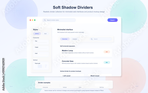 Pastel interface mockup showing soft shadow dividers with horizontal, vertical, inset, and panel split examples for minimalist web layouts