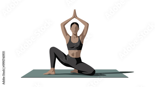Young woman practicing yoga in a low lunge pose with hands in prayer position, wearing black sportswear on a yoga mat