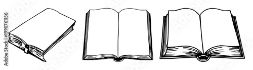Vintage book set with intricate black line art and open page design featuring literature, tome, classic text with cover and pages