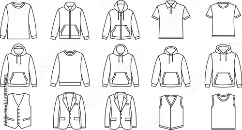 Set of clothing apparel icons including hoodies t-shirts blazers and vests in a minimalist black line art vector style.