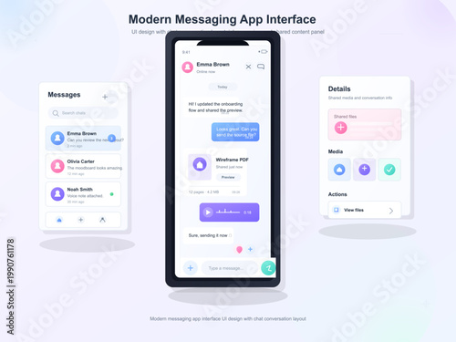 Modern messaging app interface with smartphone chat screen, contact list, shared media panel, and pastel UI cards on soft light background