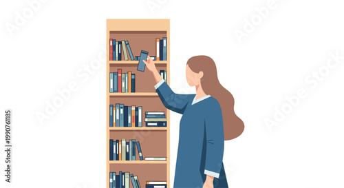 A graceful woman with long flowing brown hair wearing a blue dress reaches up to select a book from a tall wooden bookshelf against a white background.
