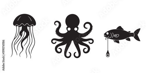Marine Life Silhouettes  Set with Jellyfish, Octopus, and Fish Hook
