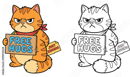 Grumpy Cartoon Cat with Free Hugs Just Kidding Sign Humorous Feline Illustration