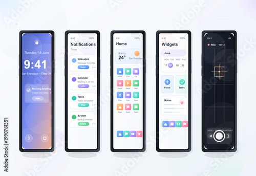 Set of five smartphone app interface screens with lock screen, notifications, home dashboard, widgets, and camera view on light background