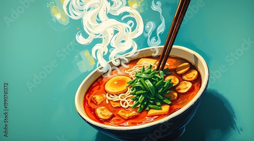 ramen bowl japanese noodles spicy tonkotsu miso shoyu soup asian restaurant vibrant steam rich broth cozy dining aesthetic