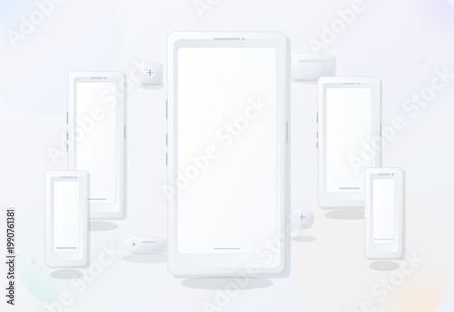 Minimal mobile device mockup set with blank smartphone and tablet screens, floating UI elements, soft shadows, and light pastel background.